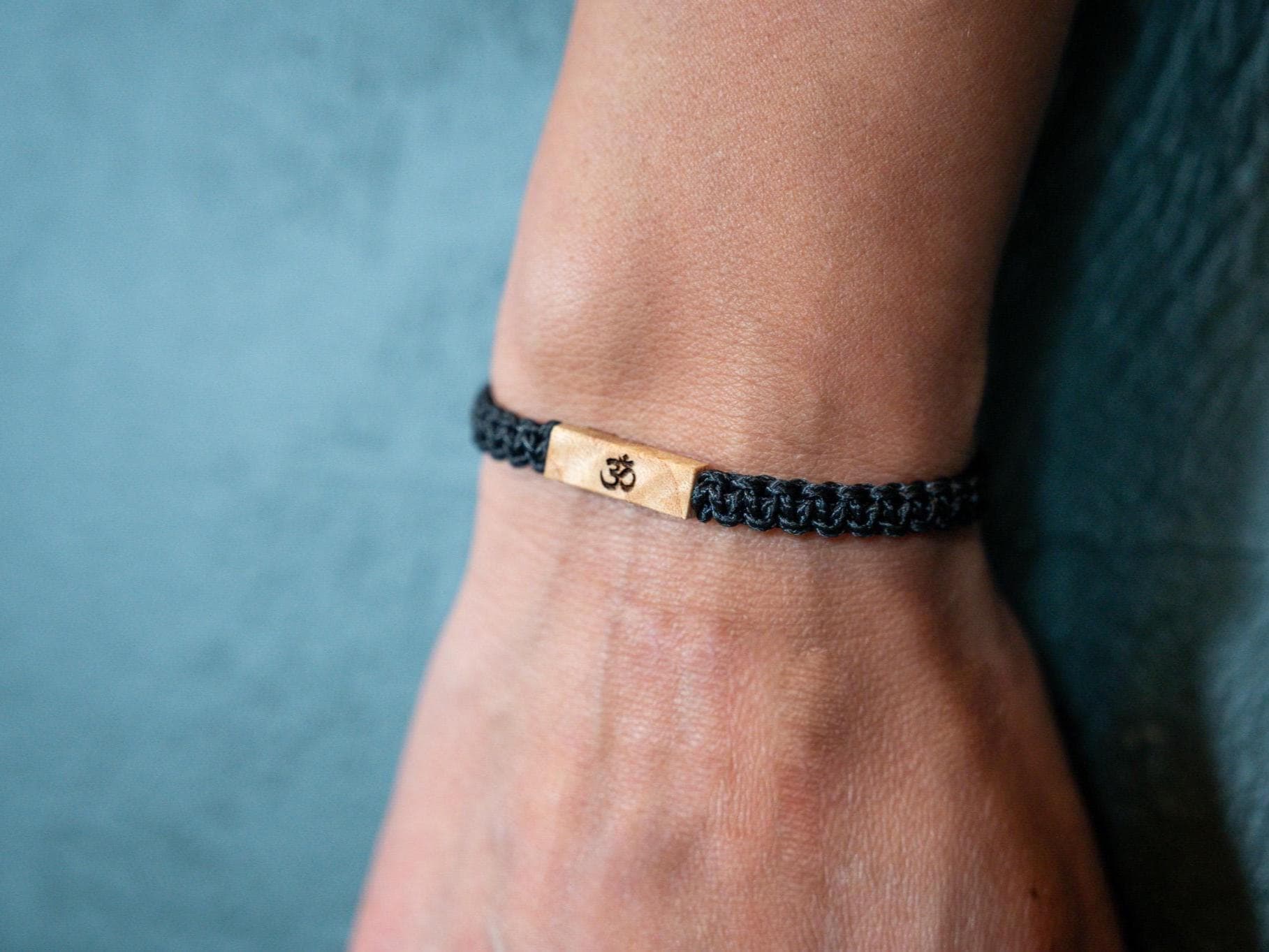 Om Bracelet: Personalizable Reclaimed Wood, Adjustable Macrame, Raksha Jewelry, Various Colors