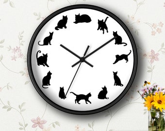 Wall Clock with Cats Playing, Pets, Animals, Scandi Hygge Nordic Style, Silent, Quiet, Wood, Modern Aesthetic Home Apartment Wall Decor Art