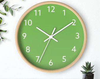 Wall Clock with Numbers, Apple Green Scandi Hygge Nordic Style, Silent, Quiet, Wood, Modern Aesthetic Home Apartment Wall Decor Art