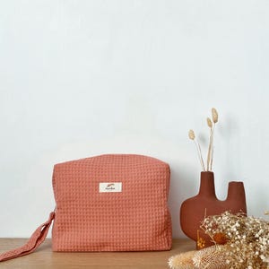 Grande trousse de toilette personnalisable en nid d'abeille, trousse de maquillage coton gaufre, Cadeau femme, Cadeau bébé