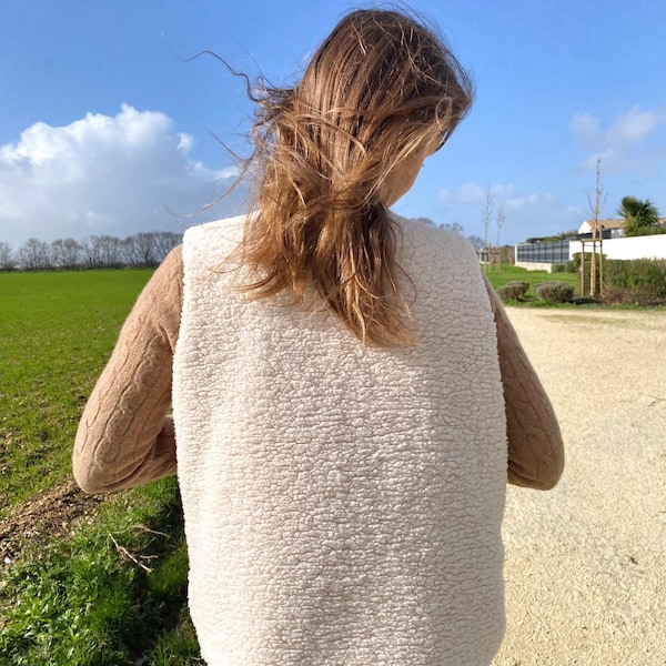 Omkeerbaar herdersvest voor dames, Mouwloos vest maten S-XXL, Mouwloos sherpajack, Imitatie schapenvacht, Cadeau-idee