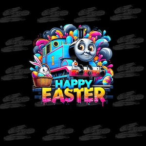 Puede incluir: Una locomotora de dibujos animados azul y roja con un conejito blanco que sostiene huevos de Pascua en una cesta. El tren está en una vía con las palabras "Feliz Pascua" en letras coloridas que gotean.