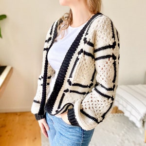 Crochet pattern-Easy Granny Square Crochet Cardigan Pattern, Sweater Woman Crochet Pattern Top, The Chess Cardigan Pullover PDF, Sizes S-2XL