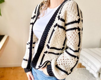 Crochet pattern-Easy Granny Square Crochet Cardigan Pattern, Sweater Woman Crochet Pattern Top, The Chess Cardigan Pullover PDF, Sizes S-2XL