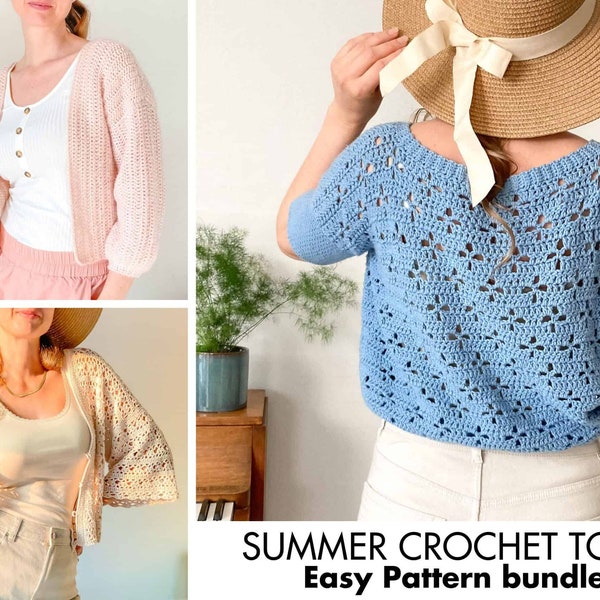 Easy Crochet Summer Tops BUNDLE Patterns, Crochet Summer Sweater Top, Crochet Top Pattern, Crop Top PDF, Beach Cover-up, Boho Lace Top