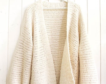 Easy Oversized Long Crochet Cardigan Pattern with Balloon Sleeves. S-XL. Sweater PDF Download.