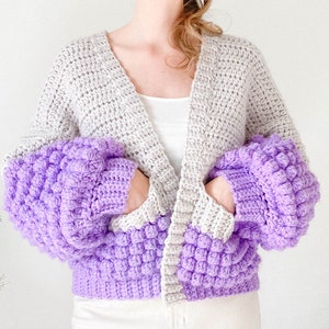 Crochet Bobble Stitch Cardigan Pattern PDF / Easy Chunky Crochet Bomber Jacket with Pockets, Oversized Striped Cardigan with Balloon Sleeves