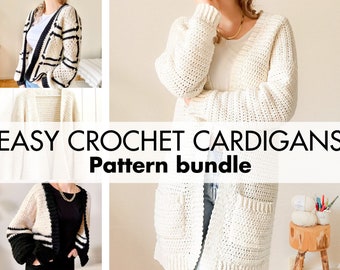 Crochet Pattern BUNDLE / Easy Cardigan from Rectangles, Beginner Sweater, Crochet Cardigan with Pockets, Oversized Crochet Sweater Pattern