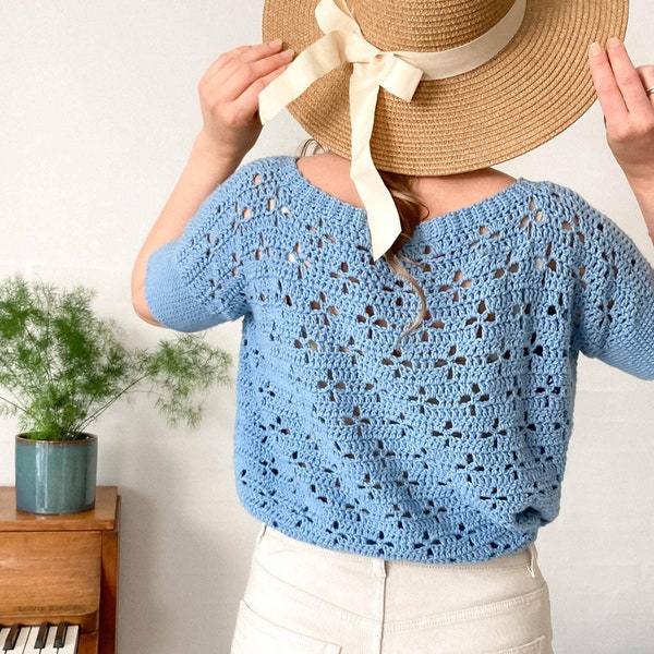 Patrón de top de crochet fácil, top de suéter de verano de crochet, top de crochet para mujer, patrón PDF de top corto, encubrimiento de playa, top de encaje boho, tallas s-xl