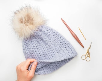Modèle de bonnet au crochet pour débutant PDF / Bonnet au crochet avec pompon, 2 tailles, modèle de bonnet au crochet pour adultes, modèle de bonnet au crochet d'hiver