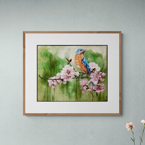 Sunrise Bluebird, Cherry Blossom Abstract Art, Bird Art, Farmhouse Springtime Printable Art