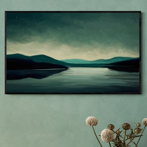 Mystical Nighttime Abstract Landscape Printable Art, Modern Whimsical Lake Digital Download Art