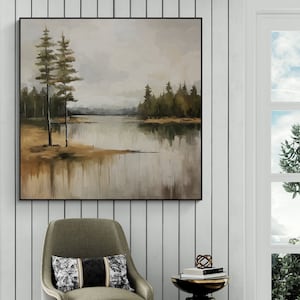 Square Abstract Landscape Painting | Rustic Forest Lake Landscape Art | Digital Download DIY Art Print