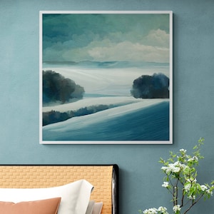 Square Abstract Landscape Painting, Modern Farmhouse Winter Landscape Digital Download Art