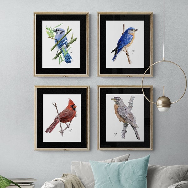 Set of 4 Bird Art Prints, Backyard Bird Printable Art Set, Robin, Cardinal, Bluebird, Blue Jay Instant Download Art