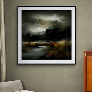 Large Square Moody Abstract Landscape Print, Dark Gothic Nighttime DIY Digital Download Art