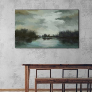 Large Abstract Landscape Painting, Dark Moody Abstract Landscape Art Print, Waterfront Coastal Art Instant Digital Download
