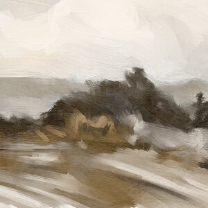 May include: Abstract painting with a muted color palette of brown, gray, and white. The painting features brushstrokes that create a sense of depth and texture. The painting is reminiscent of a landscape with hills and trees.