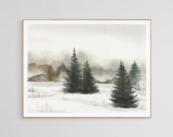 Aquarell Winter abstrakte Landschaft druckbare Kunst, rustikale Bauernhaus Wand Dekor Instant Download