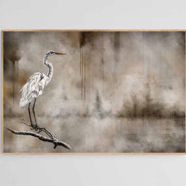 Large Abstract Realism Painting, Snowy Egret Bird Art Print, Printable Coastal Art, Instant Digital Download Art