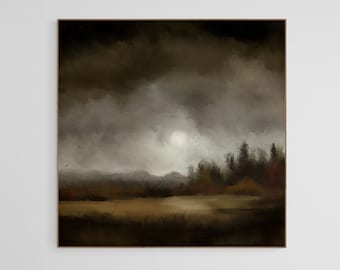 Dark Moon Abstract Landscape Art Print: Moody Square Painting (Digital Download)