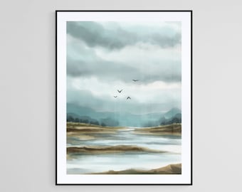 Aquarell Landschaft Kunstdruck: Neutrale Bauernhaus Dekoration (Digitaler Download)