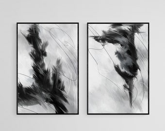 Set of 2 Black and White Abstract Art Prints, Modern Wall Decor, Abstract Wall Art Print Set Instant Download