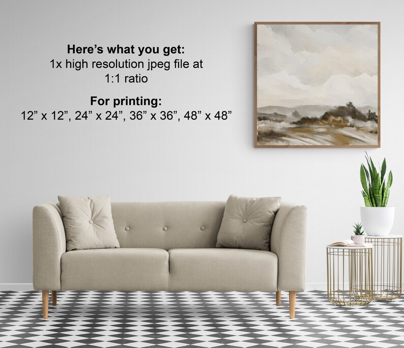 May include: A digital download of a watercolor painting of a landscape with brown and beige tones. The painting is framed and hanging on a white wall above a beige sofa. The text "Here's what you get: 1x high resolution jpeg file at 1:1 ratio For printing: 12" x 12", 24" x 24", 36" x 36", 48" x 48" is printed on the wall below the painting.