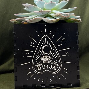 Puede incluir: Una maceta cuadrada negra con un diseño de tablero de ouija blanco. La maceta está llena de una planta suculenta verde claro.