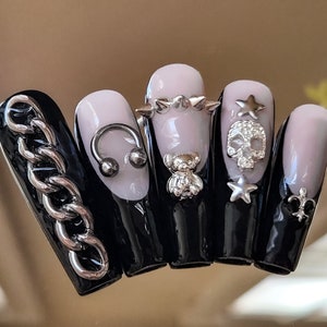 Heavy Metal Bl. | Black Goth Nails | Tapered Square | Black French | Black Press On | Goth Nails | y2k Goth | Black Nails | MoonOrchid