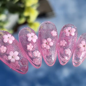 Pink Flower Nails | Spring Nails | Spring Press On | Pink Spring Nails | Pink Glitter | Pink Ombre Nails | Kawaii Pink Press On