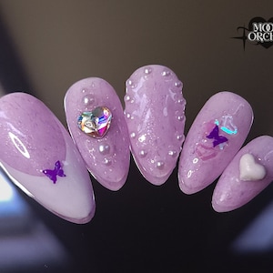 Its My Choice. Pastel Nails With Charms. Luxury Hand Made Press on Nails.  Pastel Pink and Purple Nails With Pearl Charms With Star Decals . 