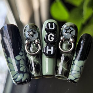 UGH | Green Grunge French Tip Nails | Press On Long | Press On Gel | Black Press On | Goth Press On | Emo Press On | Handmade Press On