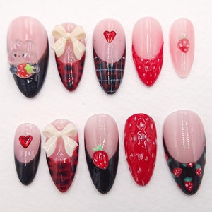 Strawberry Bunny | Press On Nails | Fall Strawberry Nails | Back to School Nails | Reusable Affordable | Kawaii Nails | Coquette | Academia
