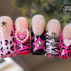 Y2K BABY | Press On Nails | Retro Nails | Pink Press On Nails | 2000s Nails | Pink Zebra Print | Pink Cheetah Print | Kawaii Nails | Goth