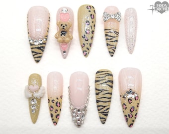 Gyaru Press On Nails | Tsuyome Style | Birthday Press On | Kawaii Nails | Animal Print Cheetah Nails | Y2k Press On Nails | Alternative Nail