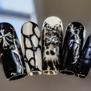 Silver Bunny | Gothic Press On Nails | Black Goth Nails | Black Press On | Goth Nails | Press On Nails | Croc Print Nails | Silver Chrome