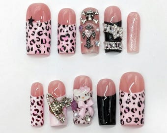 Uñas postizas Y2K McBling, punta francesa con estampado de guepardo rosa, uñas glamurosas, estampado de leopardo