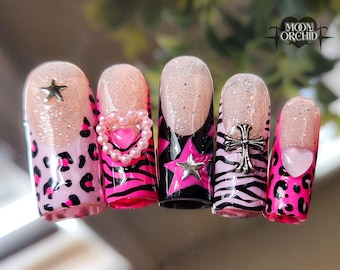 Y2K BABY / Uñas postizas / Uñas retro / Uñas postizas rosas / Uñas de los 2000 / Estampado de cebra rosa / Estampado de guepardo rosa / Uñas kawaii / Gótica
