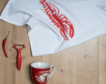 Tea towel white, VINTAGE LOBSTER, red