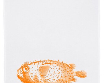 Tea towel white, KUGELFISCH, neon orange