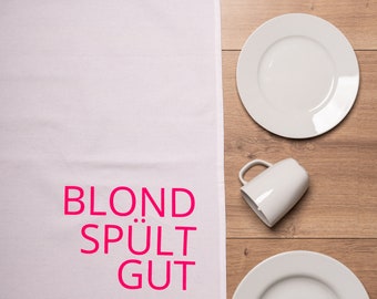 Geschirrtuch weiss, BLOND SPÜLT GUT, neon pink