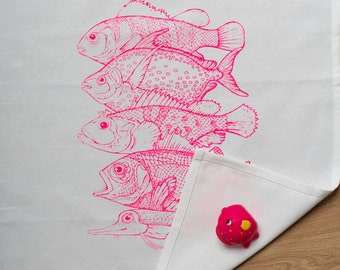 Tea towel white, 5 FISH, neon pink