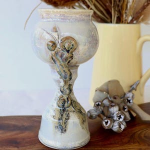 Pottery wine goblet: grey glaze, ceramic gumnuts, handcrafted