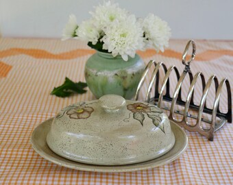 1980s German pottery oval butter dish, vintage Sittre ceramics, handpainted flowers decoration