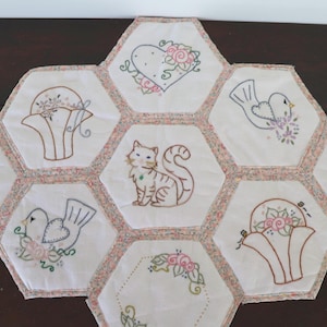 Hand-embroidered patchwork hexagons table runner