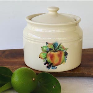 Bendigo Pottery lidded canister: fruit design, vintage Australian pottery