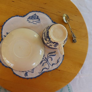 Blue Willow teacup and saucer, Old Willow English Ironstone Tableware EIT Ltd, blue and white Staffordshire pottery, Blue Willow doily image 6