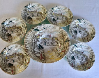 British Anchor ‘Country Cottage’ dessert fruit salad set, large bowl, six small bowls, vintage English tableware