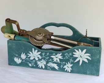 Hand-painted folk art timber cutlery caddy holder, decorative storage vintage kitchen utensils